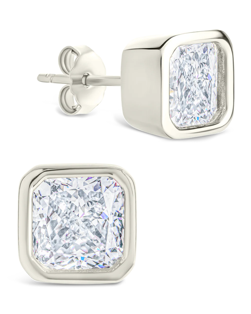 Sterling Silver Radiant Cut Bezel Set Stud Earrings