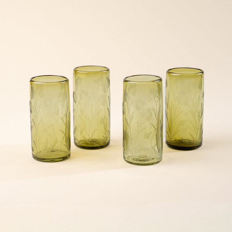 Etched Thistle Highball Glass Set of 4