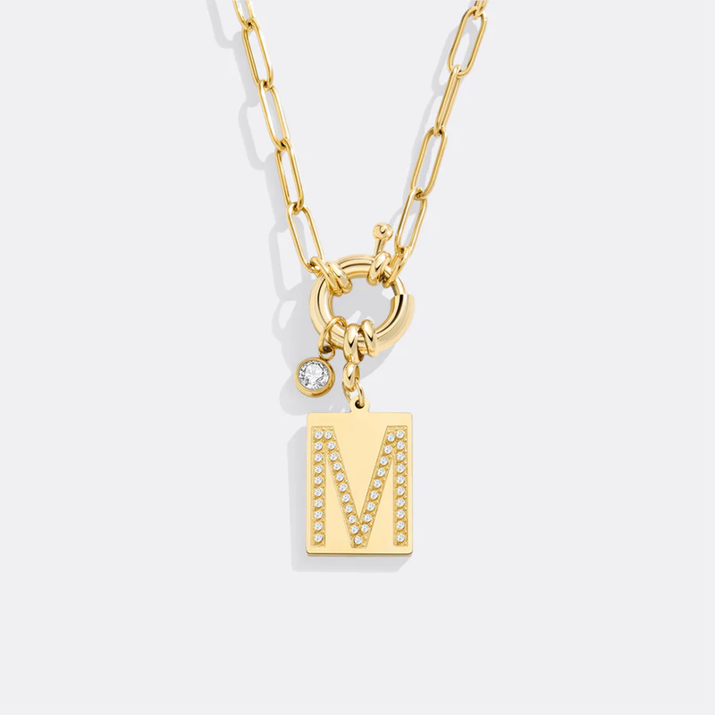 Pave Initial Pendant Necklace with Paperclip Chain