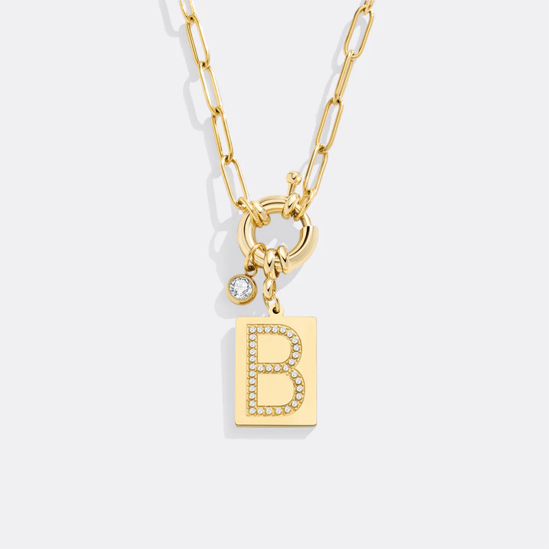 Pave Initial Pendant Necklace with Paperclip Chain
