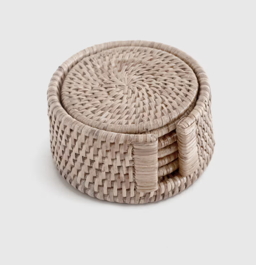 7 Piece Round Rattan Coaster Set