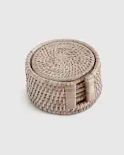 7 Piece Round Rattan Coaster Set