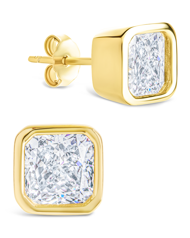 Sterling Silver Radiant Cut Bezel Set Stud Earrings