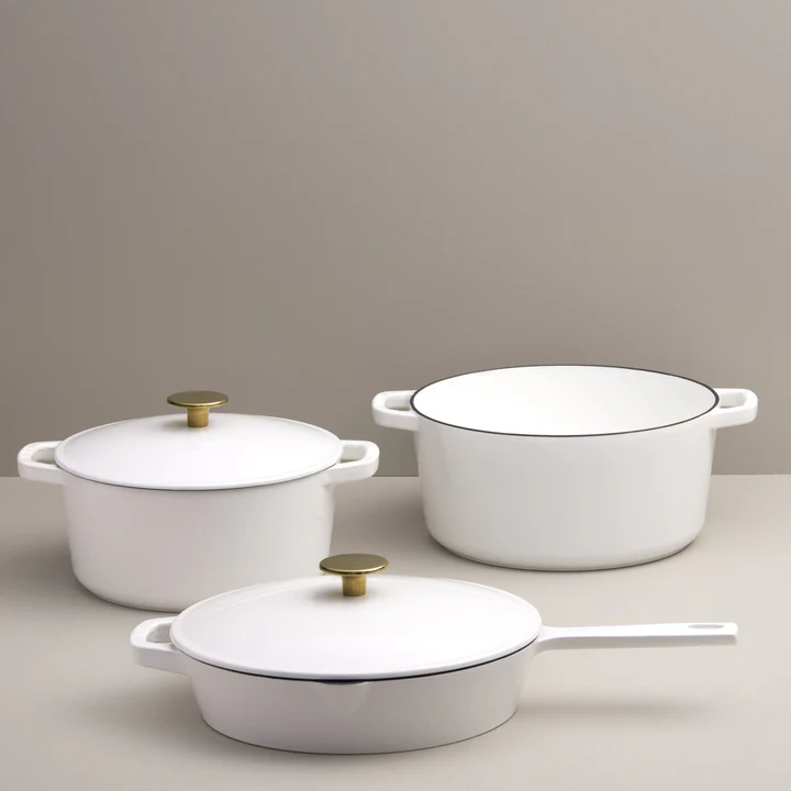 5-Piece Cast Iron Cookware Set | White | Gold Knob