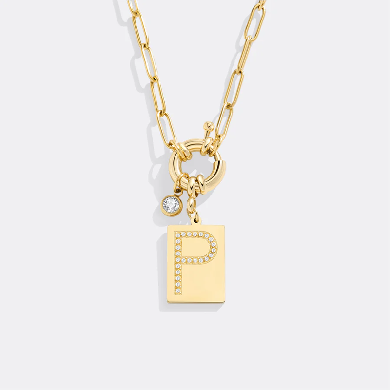 Pave Initial Pendant Necklace with Paperclip Chain