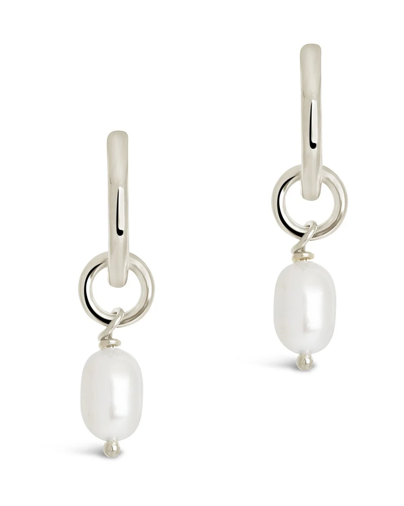 Sterling Silver Pearl Drop Hoop Earrings | Silver