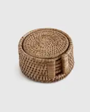 7 Piece Round Rattan Coaster Set